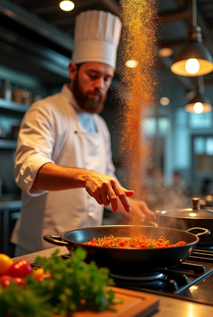 cook preparing a dish, putting spices in the pan, fullhd