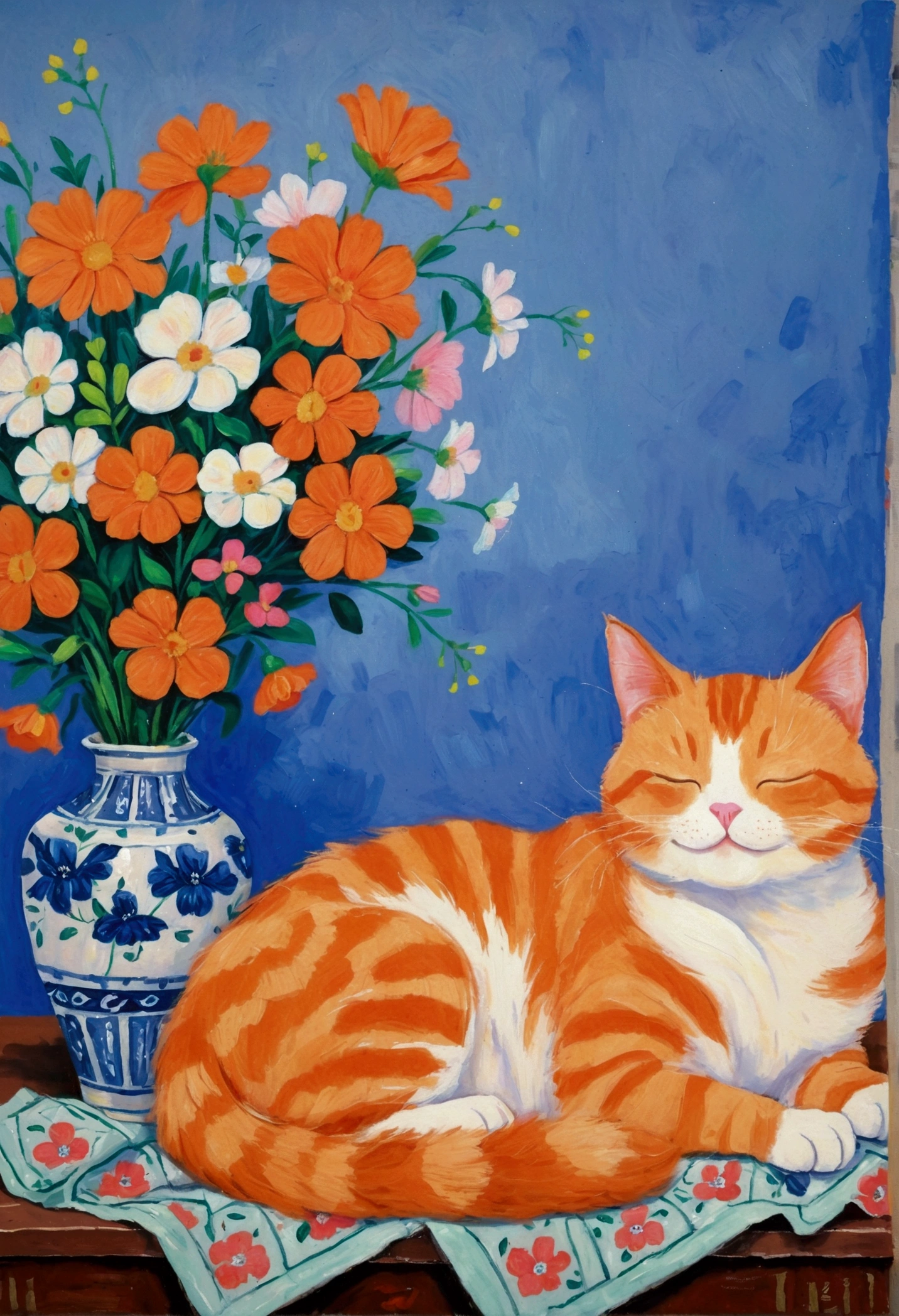 A drawing of a happy orange cat sleeping next to a vase of flowers, Acrylic paintings by Shi Tao, Popular on Reddit, realism, painting h 768, painting of cat, in a A painting of a cat, The cat is smiling, [ painting ]!!, a A painting of a cat, A painting of a cat, Smiling cat, professional painting，Blue Background

