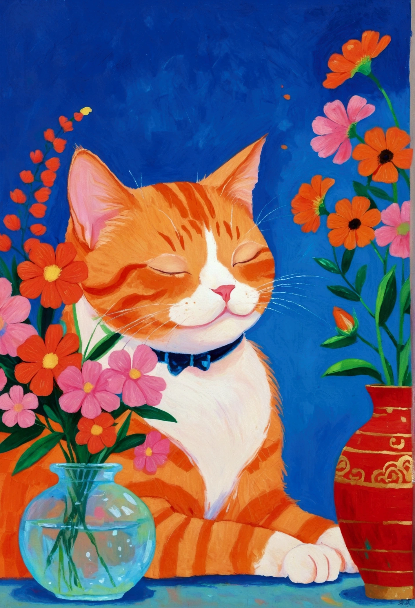 A drawing of a happy orange cat sleeping next to a vase of flowers, Acrylic paintings by Shi Tao, Popular on Reddit, realism, painting h 768, painting of cat, in a A painting of a cat, The cat is smiling, [ painting ]!!, a A painting of a cat, A painting of a cat, Smiling cat, professional painting，Blue Background
