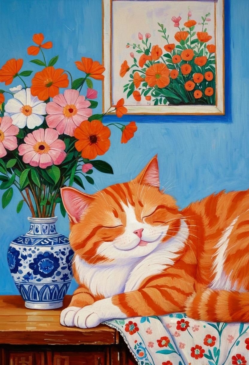 A drawing of a happy orange cat sleeping next to a vase of flowers, Acrylic paintings by Shi Tao, Popular on Reddit, realism, painting h 768, painting of cat, in a A painting of a cat, The cat is smiling, [ painting ]!!, a A painting of a cat, A painting of a cat, Smiling cat, professional painting，Blue Background
