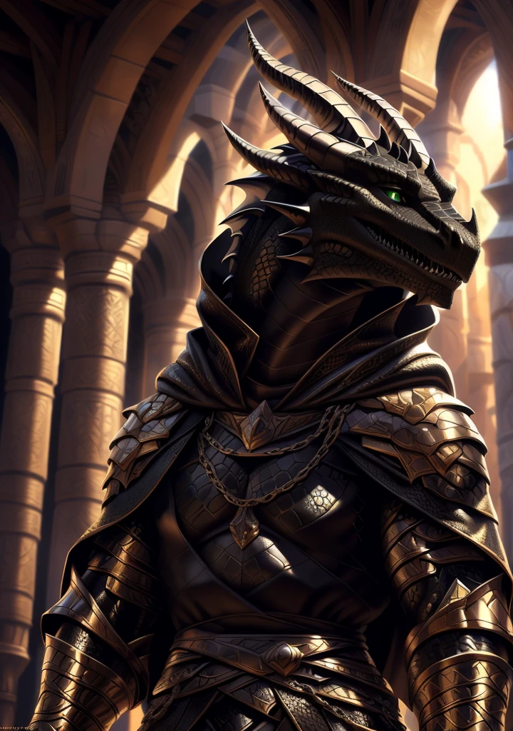 Realistic, detailed, beautiful, masterpiece, HDR, castle interior background, fantasy setting, king, ((gold armor, gold breast plate, chain mail, gold pauldrons, gold greaves, gold leg armor, wearing gold armor, black robes, black cloak, wearing black robes and cloak)) dragon, anthro, male, male body, black skin, (black scales:1.9), (two long thin horns:1.3), green eyes, detailed eyes, perfectly shaped body, confident majestic pose, finger black claws, masculine facial features, seductive gaze, neutral facial expression, black pointed ears, standing tall, out doors, daytime, close-up, portrait, face focus,
(detailed Bonifasko lighting), (detailed scales), (detailed skin), (male dragonborn), BREAK, ((long flowing tail)), ((facing viewer)), (cinematic lighting), ((detailed background)), ((portrait view)), (((close-up))), (good lighting), [backlighting], [crepuscular ray], [detailed ambient light], [gray natural lighting], [ambient light on the belly], (higher wildlife feral detail), [explict content], [sharp focus], (questionable content), (shaded), ((masterpiece)), furry dragonborn, reptilian face, furry Fantasy Art, furry Art, Commission for High Res, anthro Art, POV furry Art,Sakimichan beautiful, masterpiece, best quality, detailed image, bright colors, detailed face, perfect lighting, perfect shadows, perfect eyes, green eyes, flawless face, face focus, (masterpiece:1.21), (best quality:1.2), (illustration:1.2), (cinematic lighting:1.3), detailed scales, balanced coloring, global illumination, ray tracing, good lighting, scales, anthro, well lit 