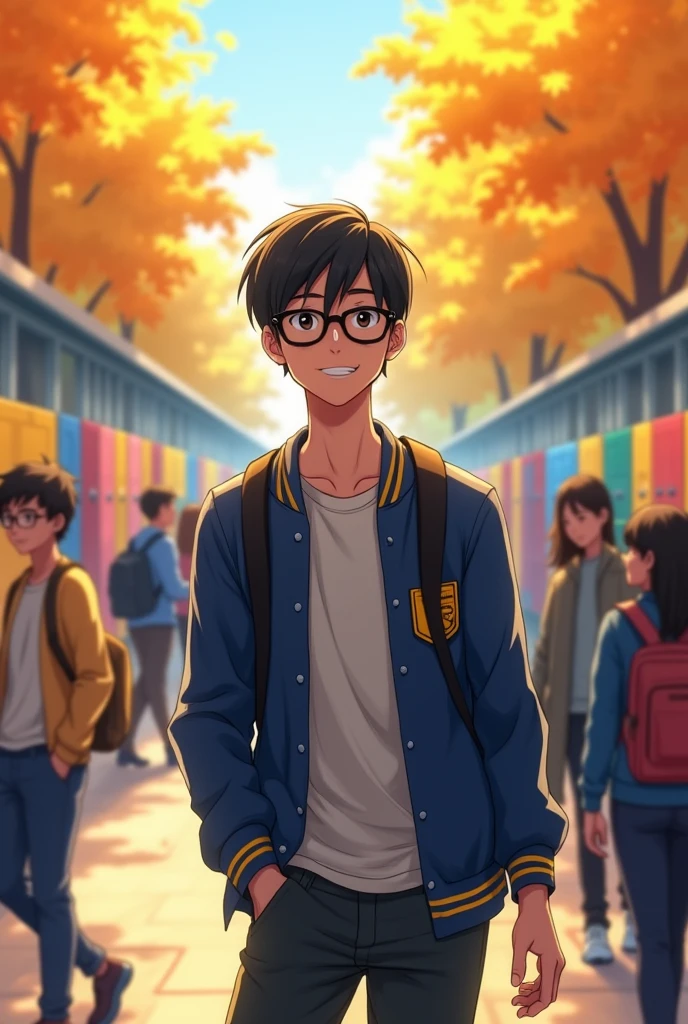 Aizen black hair, glasses, and blue and yellow school uniforms.