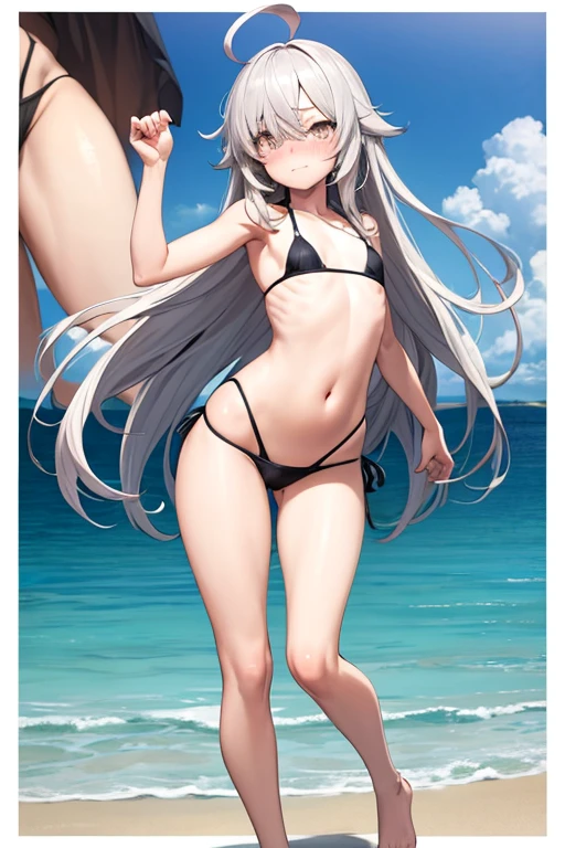 ((best quality)), ((masterpiece)), (detailed), a girl, full body, , young adult, embarrassed face, very tall, gray eyes, long hair white, spiky hair, ahoge, bangs covering her right eye, very small , flat chest, sexy bl bikini, seductive legs, beach background, looking at me, anime