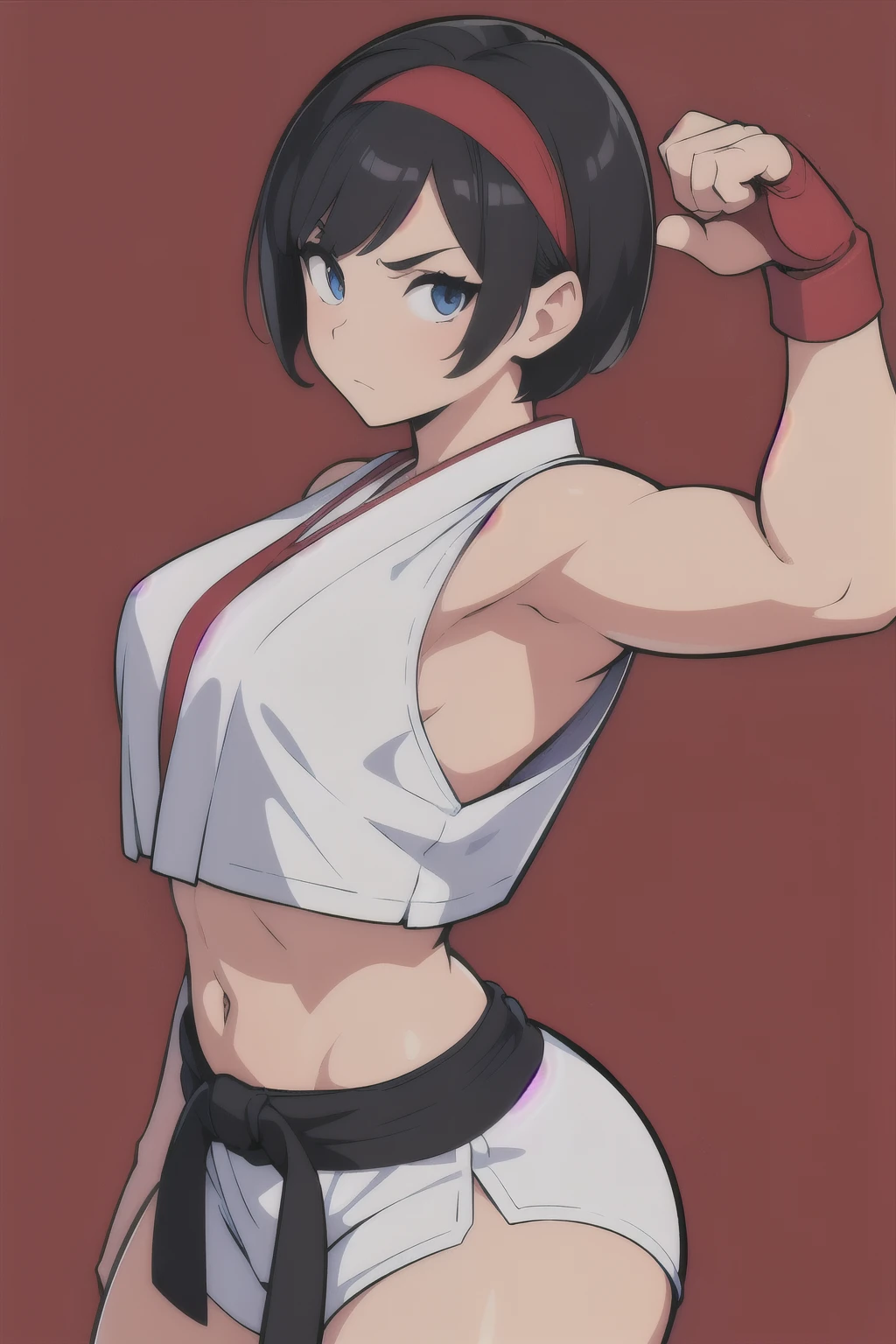 (masterpiece, best quality:1.2), expressive eyes, perfect face, highres, 1girl, solo, ryu \(sf\), (female:1.5), black hair, short hair, dougi, white karate uniform, fingerless gloves, red headband, back pose, portrait, l back at the viewer, cowboy shot