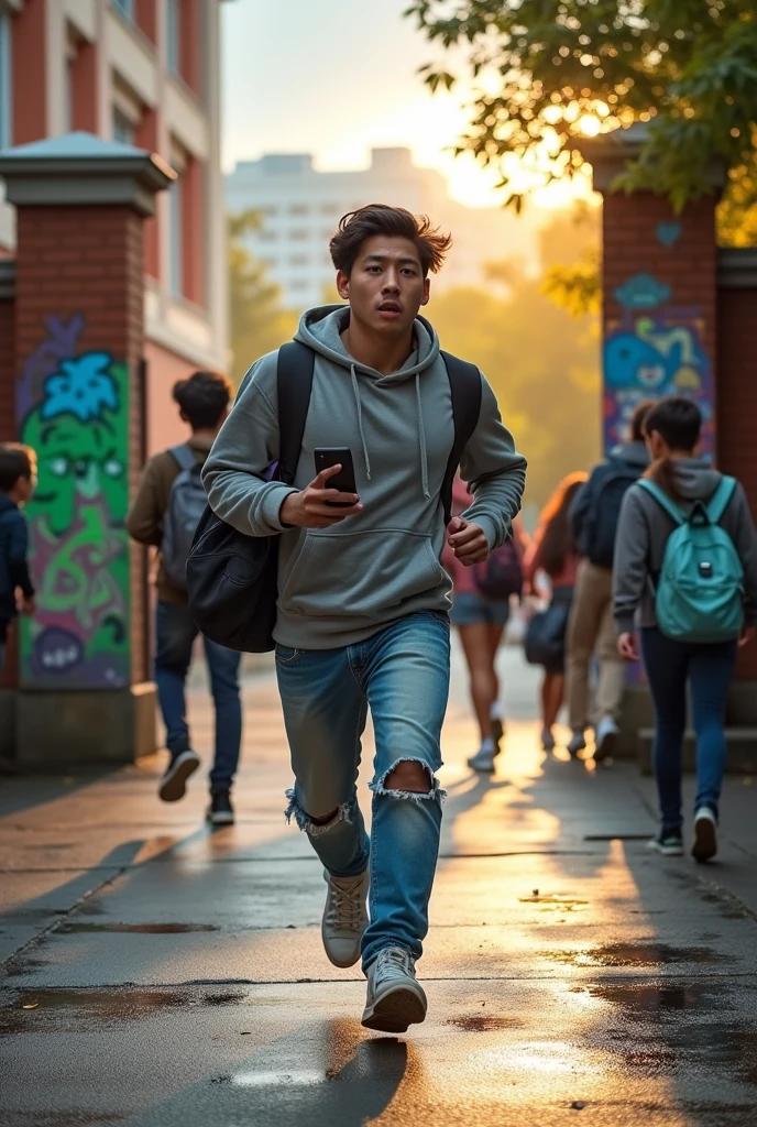 A 19-year-old Asian boy arrives late for school because he was busy talking on his phone.
