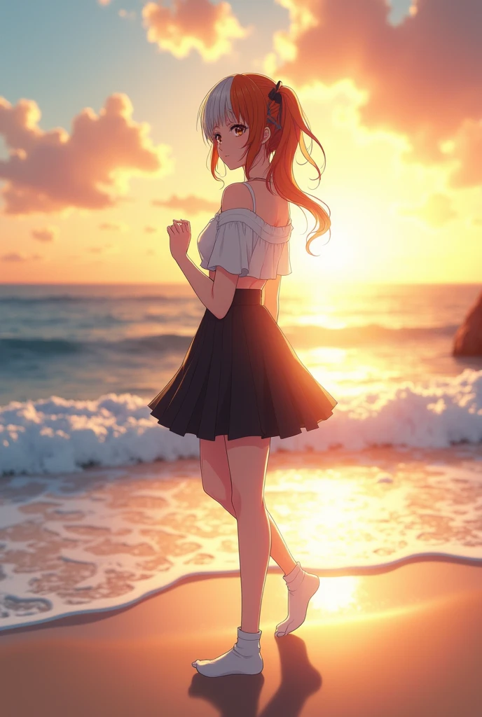 ((masterpiece)), ((best quality)), ((mackerel)), ((Highly detailed CG Unity 8k wallpaper)), alone, Tachibana Kanade, russet , black skirt, white socks, outdoors, face, Curtain hair, Beach, split hair, silver hair