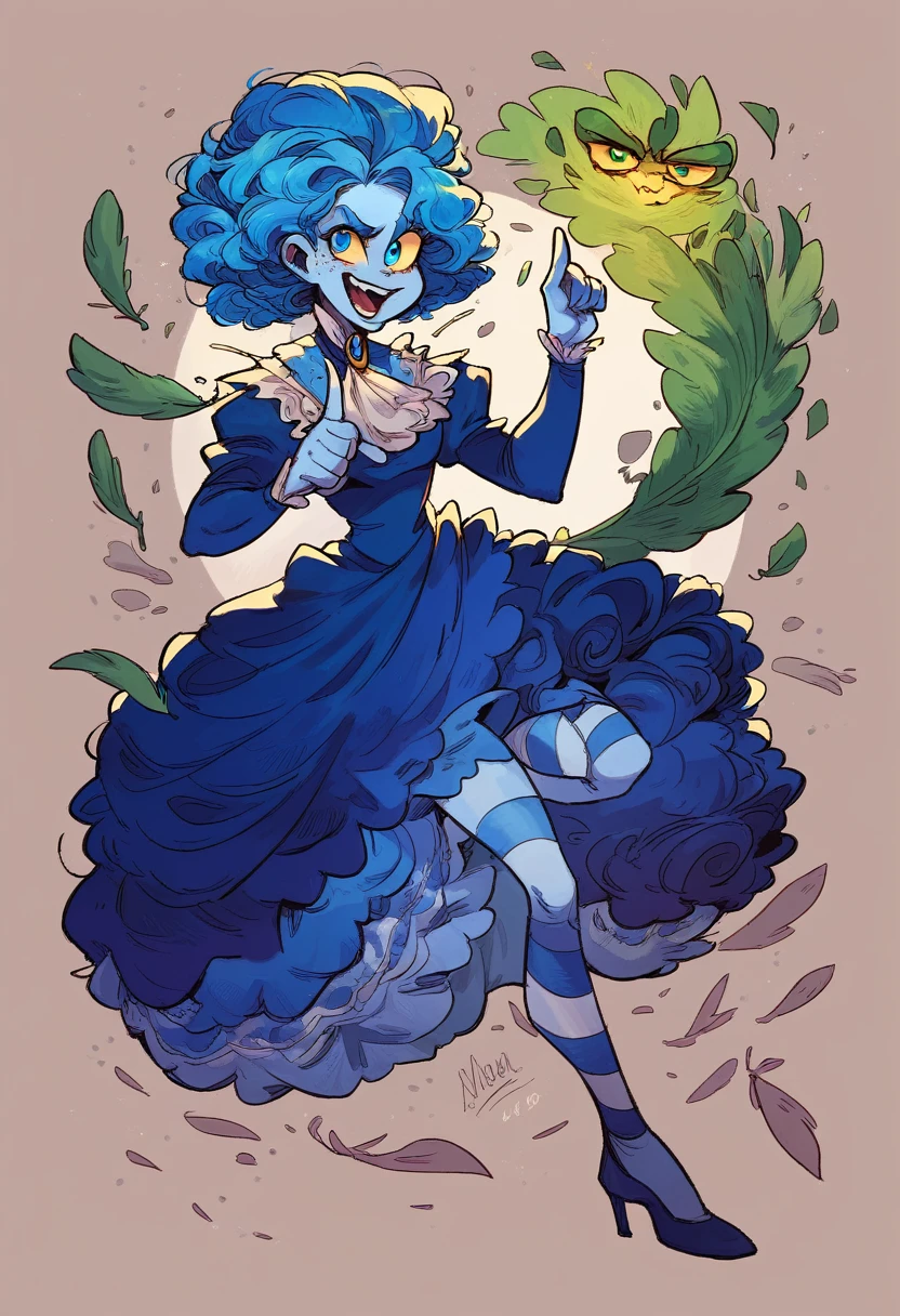 frankelda, 1girl, solo, dress, striped, blue hair, puffy sleeves, high heels, colored skin, freckles, blue striped stockings, floating, evil laughing, look at viewer, victorian garden in green shades background, feather in one hand, other hand pointing right to viewer, blue eyes, glowing yellow sclera