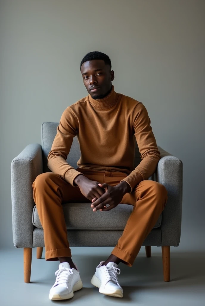best qualityer:1.4), (ultra high resolution:1.2), (photorrealistic:1.4), (8k, CRU photo:1.2), a thin young man of 20 years old, skin black, with a smooth, beardless face, with short hair with shaved sides and a low top, similar to the fade or taper haircut style, brown long sleeve turtleneck shirt. White coat on top. brown social pants. White sneakers. He is sitting on a gray sofa. You are in a photography studio with a gray background.