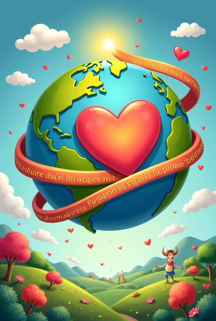 Draw a planet Earth with a heart in the center and a slogan around the Earth that describes the following words literally in the Spanish language: Young man, when you are at peace with yourself, you generate your own well-being.. All drawing must be done in cartoon, 