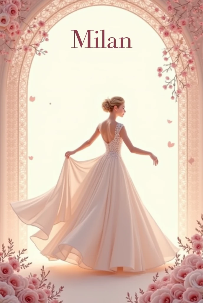 Brand “Milan”: high fashion wedding dresses logo graphic image that expresses itself through a color scheme, choosing typography and other graphic elements that reflect your brand&#39;s personality and values (You can follow the example of the 12 brand archetypes, selecting the above mentioned). The corporate image should not only be attractive to its target audience, but also consistent with the identity of the brand they have created. They must pay attention to all customer touchpoints to ensure that the brand experience is consistent and reinforces their brand identity.. accompanied by a silhouette of a bride and the name of the brand, in which the name is seen more than the line silhouette