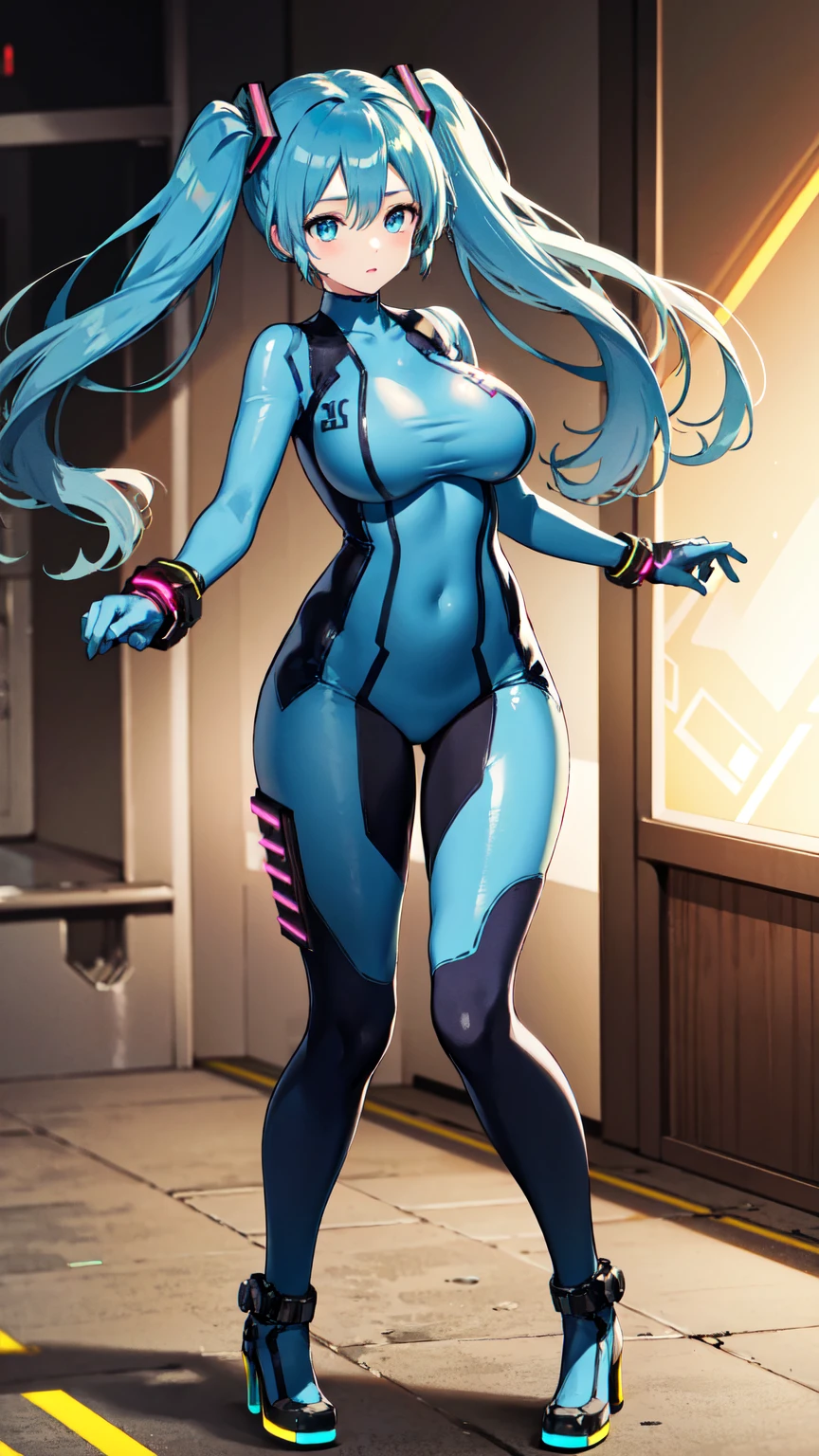 Hatsune Miku Vocaloid, Twin tails, Bright Blue Eyes, Light blue hair, Pichi Pichi body suit, cyber punk, Ultimate Physical Beauty, Beautiful Eyes, ((Big Breasts)), masterpiece, 8k CG, Highest quality, Best image quality