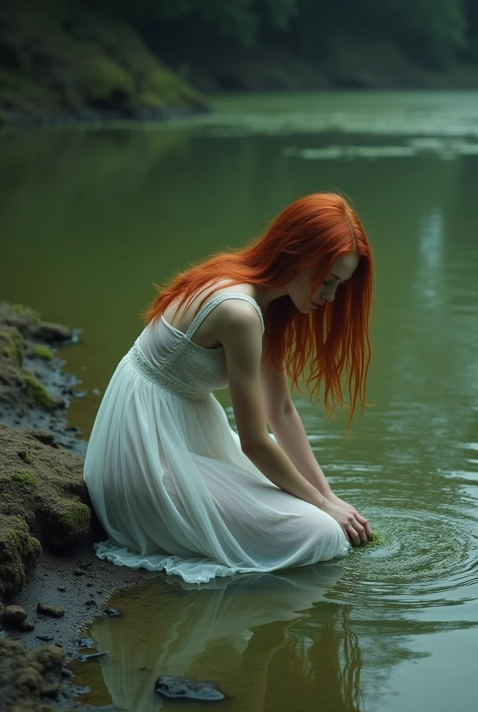 (photorealism:1.2), beautiful woman, red hairstyle, in a lake with mud, green lagoon with algae, wearing a white dress with a lampshade underneath, wearing a pantie, with a washing board kneeling next to the lake, dark and gloomy atmosphere, transparent dress, realistic, intricate details, warm color ambient