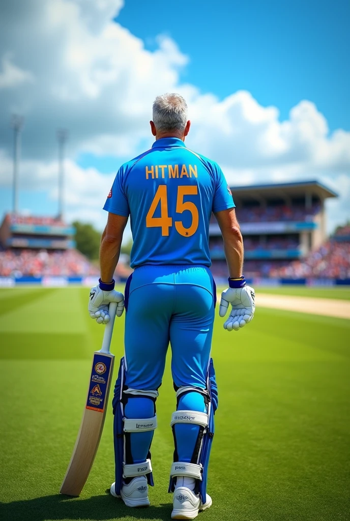 A man in sky blue cricket jersey,on the back of whose jersey hitman 45