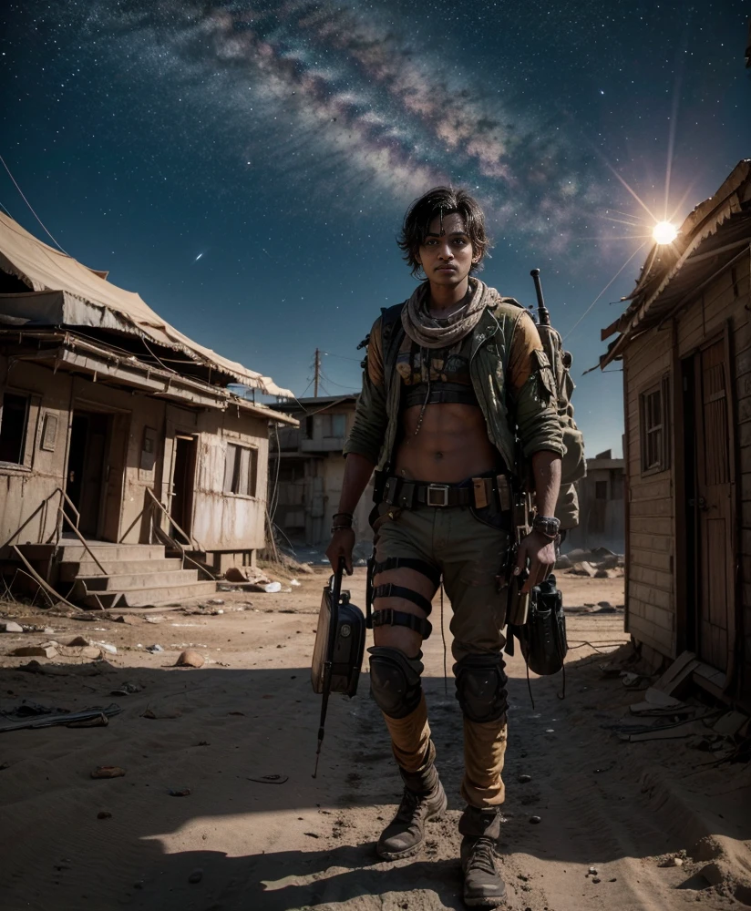 An Indian descending from a bright, colorful star. In a post apocalyptic land. Advanced technology 