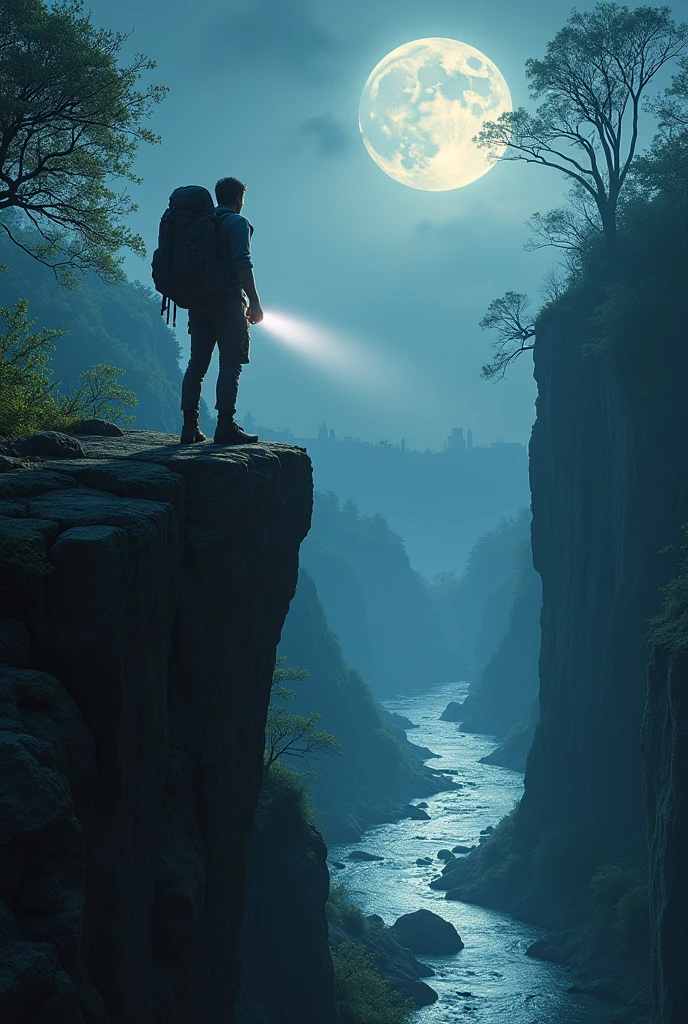 A man on the edge of a cliff with a backpack on his back holding a flashlight, looking straight ahead, and right in front of him several paths that lead to a city, to a forest, to a river, and other places, almost like a maze, with a full moon.
