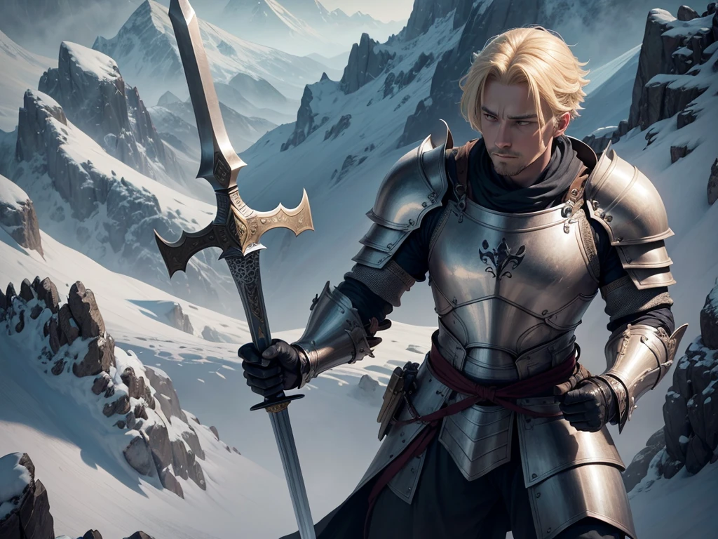 adult man, blond, stark, knight, fully body, lightweight armour, medieval fantasy, looking forward holding a long sword with both hands, at the top of a mountain, heroic pose demonstrating hope, ready for battle, high resolution, 4k resolution,