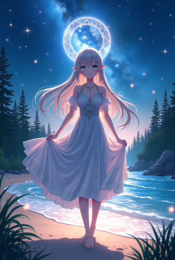 (masterpiece、Highest quality、8k、High resolution)、One female、(Beautiful Face、Beautiful Face)、Beautiful eyes、Beautiful lips、Beautiful nose、Silver blonde hair、(The best anime girl)、Sandy beach with a view of the forest、A bright night with stars visible、milky way、体whole bodyから神秘的な光の粒子、Colorful light particles、A mysterious light glowing around the head、jewelry、necklace、dress、(whole body)、Highly detailed anime art、A complete portrayal、