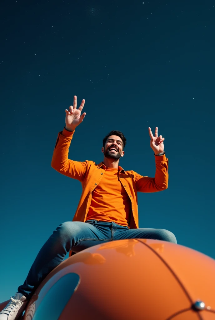 create a man with an orange shirt sitting on top of an orange space rocket with blue, making victory sign with fingers. 