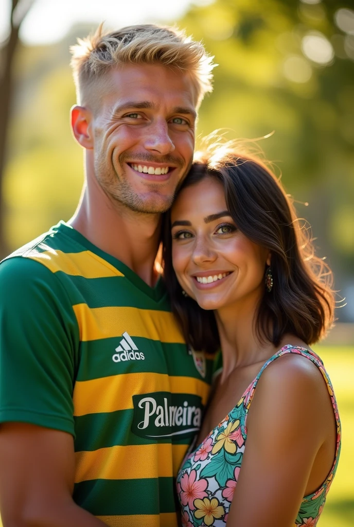 couple, He's tall, blond, 38 years old, very short blond hair, clear eyes, Palmeiras shirt she is dark brunette straight black hair shoulder length, brown eyes small earrings, and dress with disney pixar style flowers
