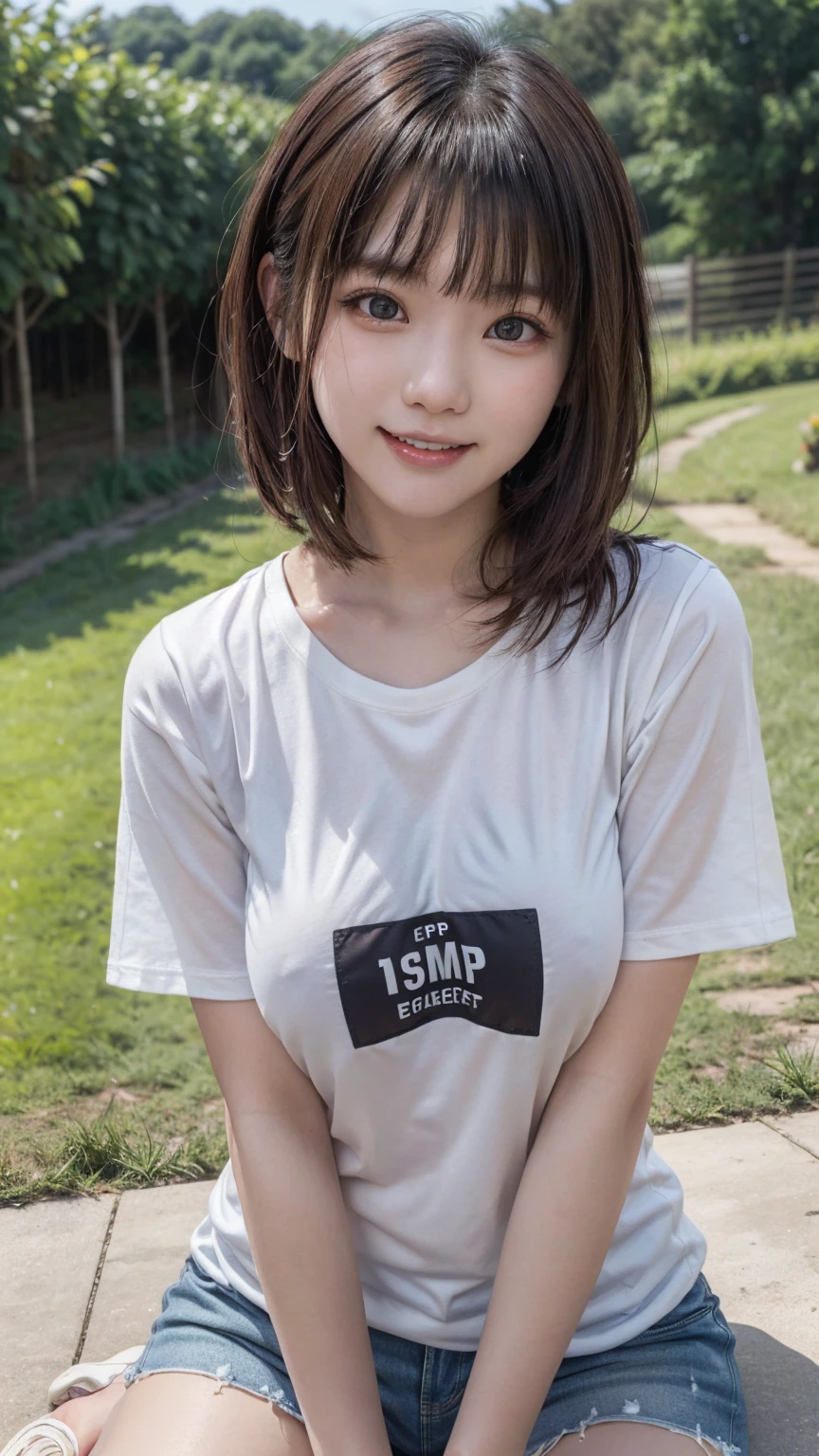 One beautiful girl, (Japanese beautiful girl, Delicate:1.3), (18-year-old:1.3),
break, (Lush countryside　background:1.2),
break, Shy laugh, Very beautiful eyes, (Symmetrical eyes:1.3),
break, (E cup breasts:1.3), Cropped Logo T-shirt:1.3, hot pants:1.3, Beautiful legs, Brown eyes, Parted bangs, Brown bob cut hair, Round face, cute,
break, (Eye and facial details:1.0),
break, (masterpiece, Highest quality, Very detailed, Detailed face, 8k)