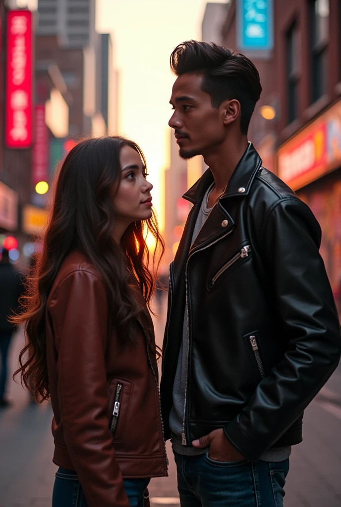 A teenage girl with wavy hair looking to the right and a tall handsome boy in leather jacket looking to the left who looks like Miles from Spiderman 
