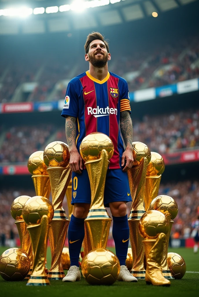 Draw Messi with all the trophies,add 8 more golden balls and 6 golden boots, and in the background a crying Ronaldo 