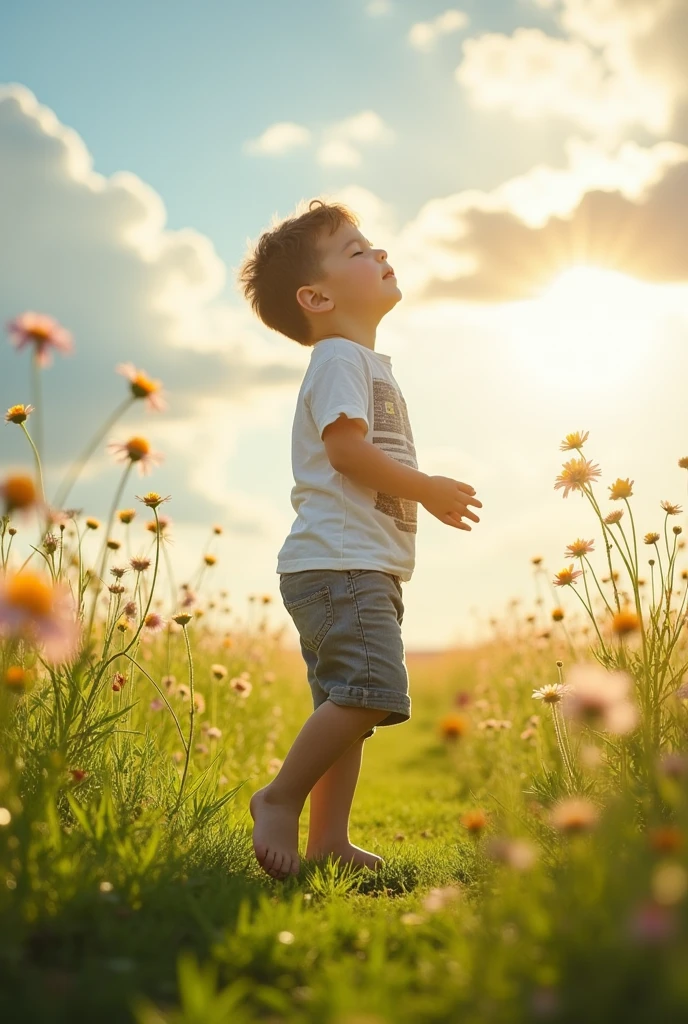 The image shows a young boy standing on a field, looking up at the sky with his eyes closed.