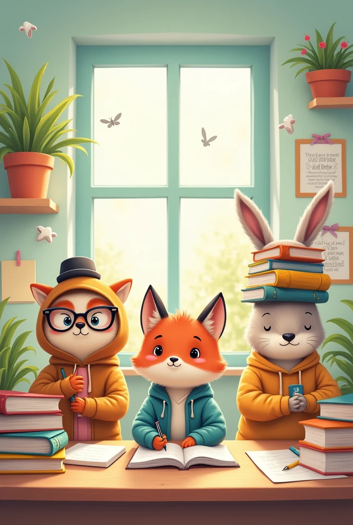 An image that represents the responsibility that students feel with their studies day by day, based on cute cartoons, very cute and show responsibility