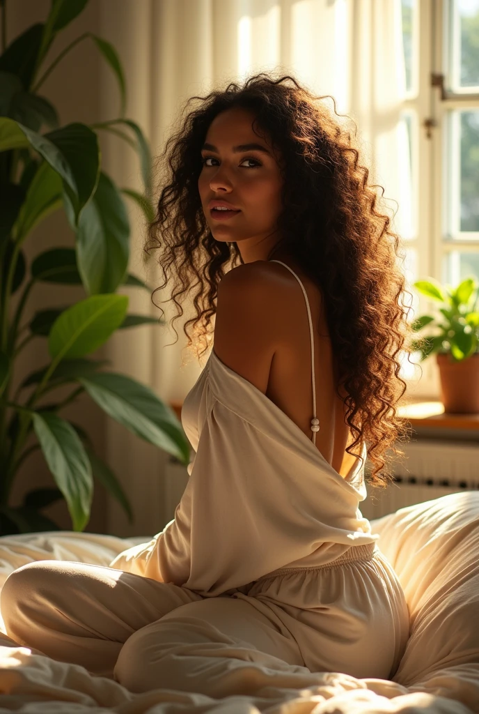 (photorealism:1.2), beautiful woman, sitting on bed, wearing loose off-shoulder top, pajama pants, long curly hair, indoors, soft lighting, plants in background, window with sunlight, cozy room, relaxed pose, realistic, intricate details, warm colors, by Greg Rutkowski, by Alphonse Mucha