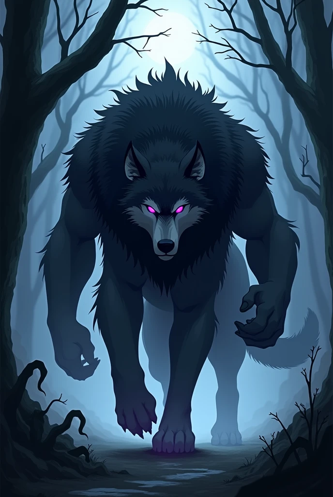 Based on previously generated image, make a beastly creature in anime, just like a huge wolf, with fur in neutral colors (black or gray, with white). The color of his eyes should be lilac and deep, his physique is strong and masculine. He must be very dark and look like Alucard from the anime. "Transylvania".