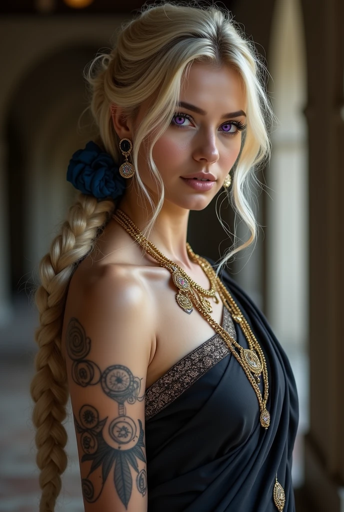 (masterpiece), best quality, expressive eyes, perfect face, 1 sexy model woman,long blonde hair, best texture quality, detailed textures, intricate, front focus BREAK, (( bright purple eyes)), blonde hair, taken hair, blue scrunchie, long hair, single braid,, medium breasts, medium chest, blonde hair, blue scrunchie, BREAK, ((depicted in royal black saree)), ((wearing many ornaments)), sarees look, ((REALISM)), ((black tattoo on his shoulder, tattoo of a black tattoo on his shoulder, tattoo of magic runes and spells, magic circles))