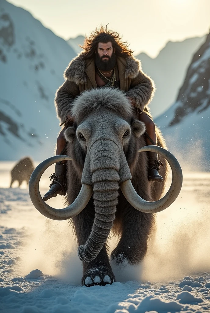 man riding mammoth in horizontal profile


