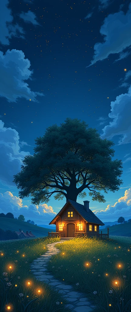 masterpiece!!!! 8k an anime GHIBLI STYLE cabin!!!!! The image shows a serene night scene of a house under a tree, hills, golden clouds, anime lighting, 8k fireflies, grass, night, golden leaves, anime style ghibli, under tree, boil a night sky, clouds animated lighting!!!!!! and shadow, Firefly