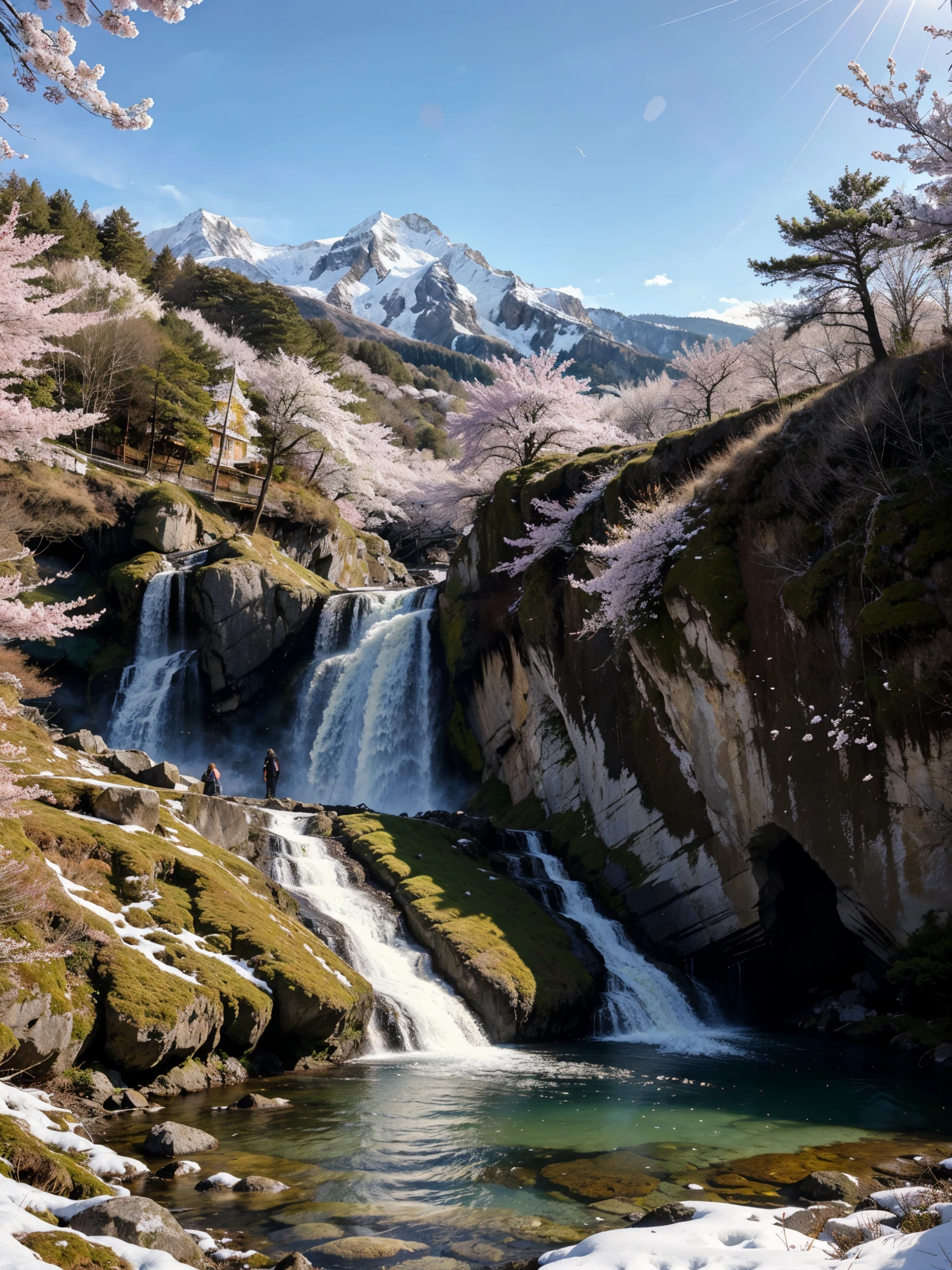 A detailed, lush landscape scene of a tree growing on a steep, rocky cliff, with a cascading waterfall, the sun shining brightly, cherry blossoms floating in the air, a fresh and serene atmosphere, with snow-capped mountains in the background, captured in the morning light.
tree on cliff, steep rocky cliff, cascading waterfall, bright sun, cherry blossoms, fresh atmosphere, snow-capped mountains, morning light, detailed landscape, lush nature, vibrant colors, photorealistic, 8k, highly detailed, masterpiece
