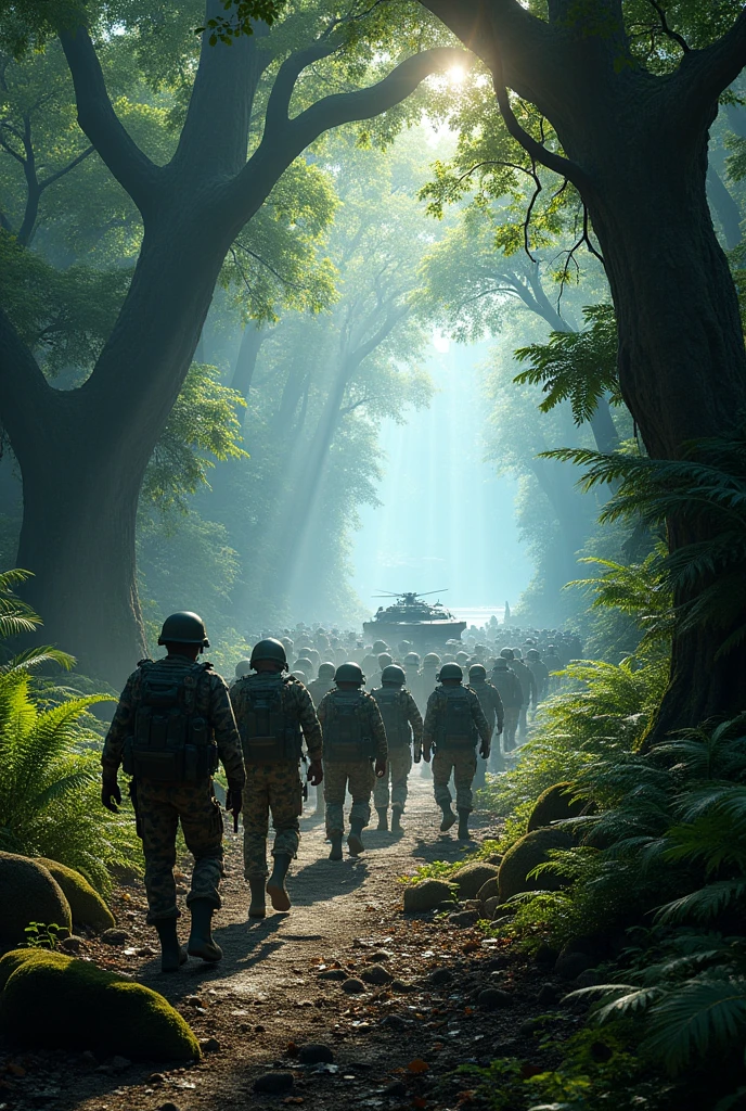 Army humans invade the forest from the sea coast