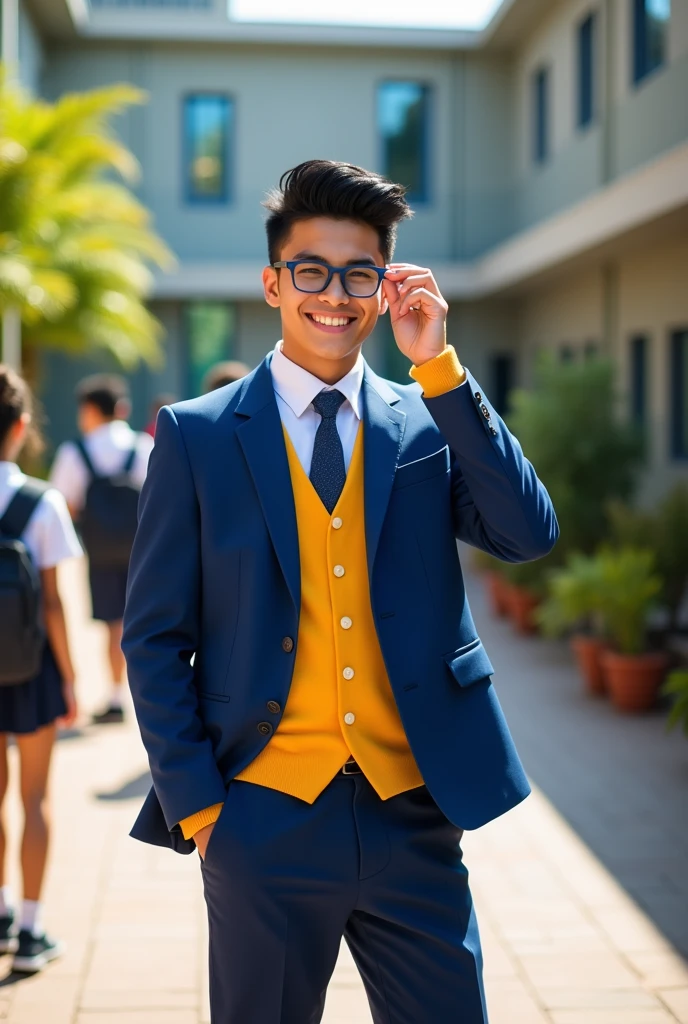 white skin man, Bblack hair, glasses, and blue and yellow school uniforms.