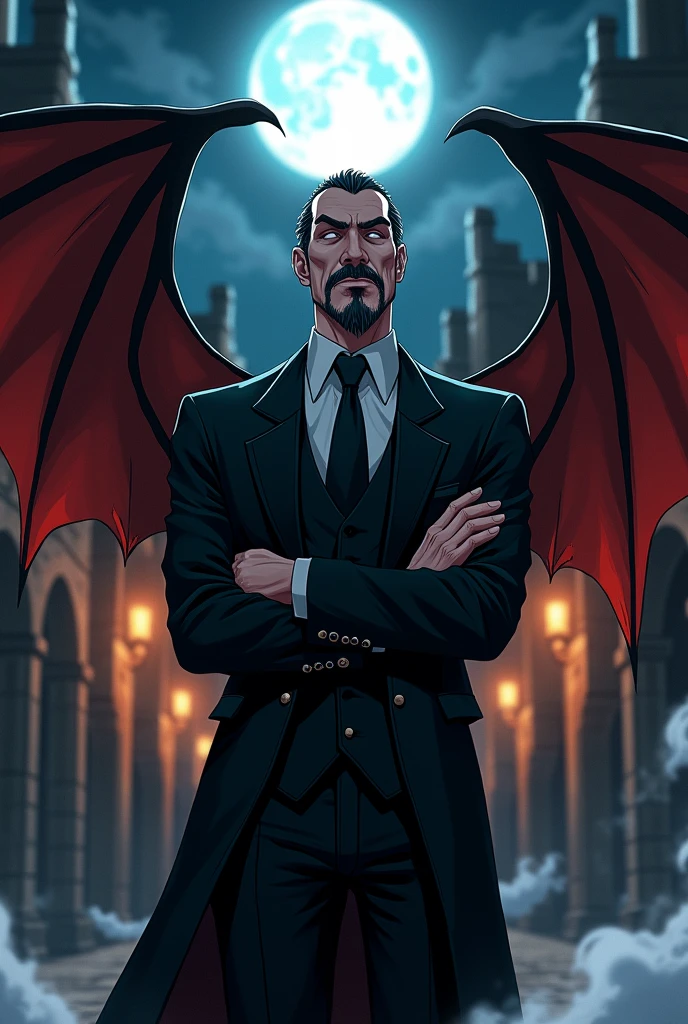 A middle aged old classy vampire with crossed arms and bat wings in anime style with a mustache and unshaved beard