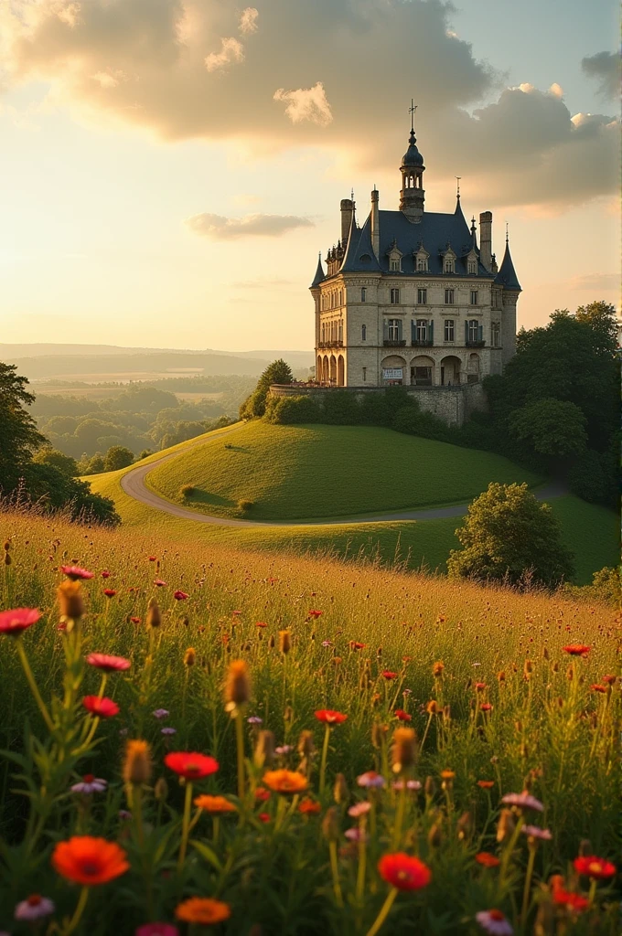 Field with lonely French chateau in the background
