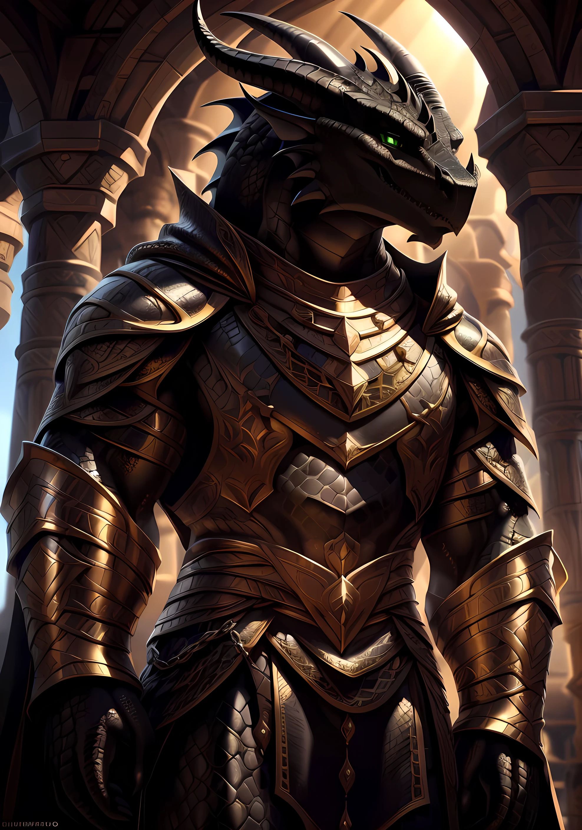 Realistic, detailed, beautiful, masterpiece, HDR, castle interior background, fantasy setting, king, ((gold armor, gold breast plate, chain mail, gold pauldrons, gold greaves, gold leg armor, wearing gold armor, black robes, black cloak, wearing black robes and cloak)) dragon, anthro, male, male body, black skin, (black scales:1.9), (two long thin horns:1.3), green eyes, detailed eyes, perfectly shaped body, confident majestic pose, finger black claws, masculine facial features, seductive gaze, neutral facial expression, black pointed ears, standing tall, out doors, daytime, close-up, portrait, face focus,
(detailed Bonifasko lighting), (detailed scales), (detailed skin), (male dragonborn), BREAK, ((long flowing tail)), ((facing viewer)), (cinematic lighting), ((detailed background)), ((portrait view)), (((close-up))), (good lighting), [backlighting], [crepuscular ray], [detailed ambient light], [gray natural lighting], [ambient light on the belly], (higher wildlife feral detail), [explict content], [sharp focus], (questionable content), (shaded), ((masterpiece)), furry dragonborn, reptilian face, furry Fantasy Art, furry Art, Commission for High Res, anthro Art, POV furry Art,Sakimichan beautiful, masterpiece, best quality, detailed image, bright colors, detailed face, perfect lighting, perfect shadows, perfect eyes, green eyes, flawless face, face focus, (masterpiece:1.21), (best quality:1.2), (illustration:1.2), (cinematic lighting:1.3), detailed scales, balanced coloring, global illumination, ray tracing, good lighting, scales, anthro, well lit 