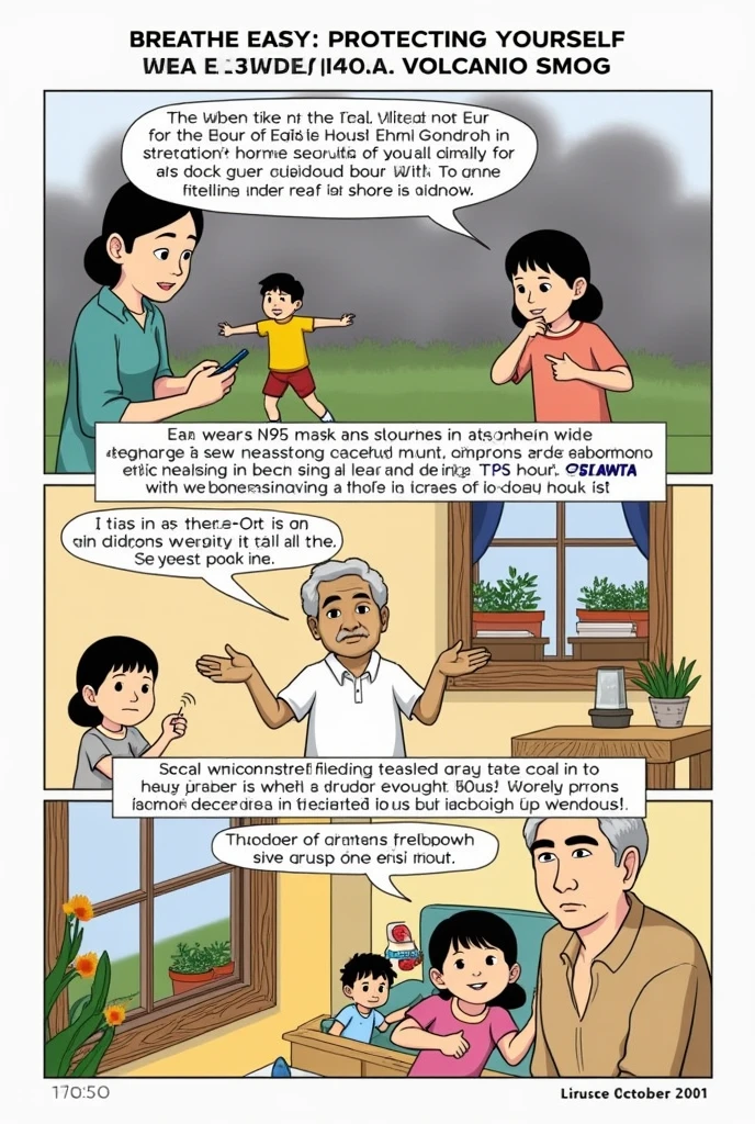 c
reate a short comics strip on Ways to protect yourself from Taal Volcanic Smog.