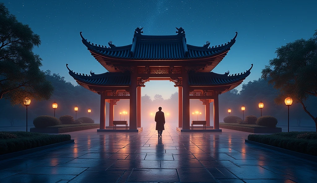 Chinese KING pavilion, at night scene , horizontal, one people walking in to, 
blur effect, look grand, nice scene  

