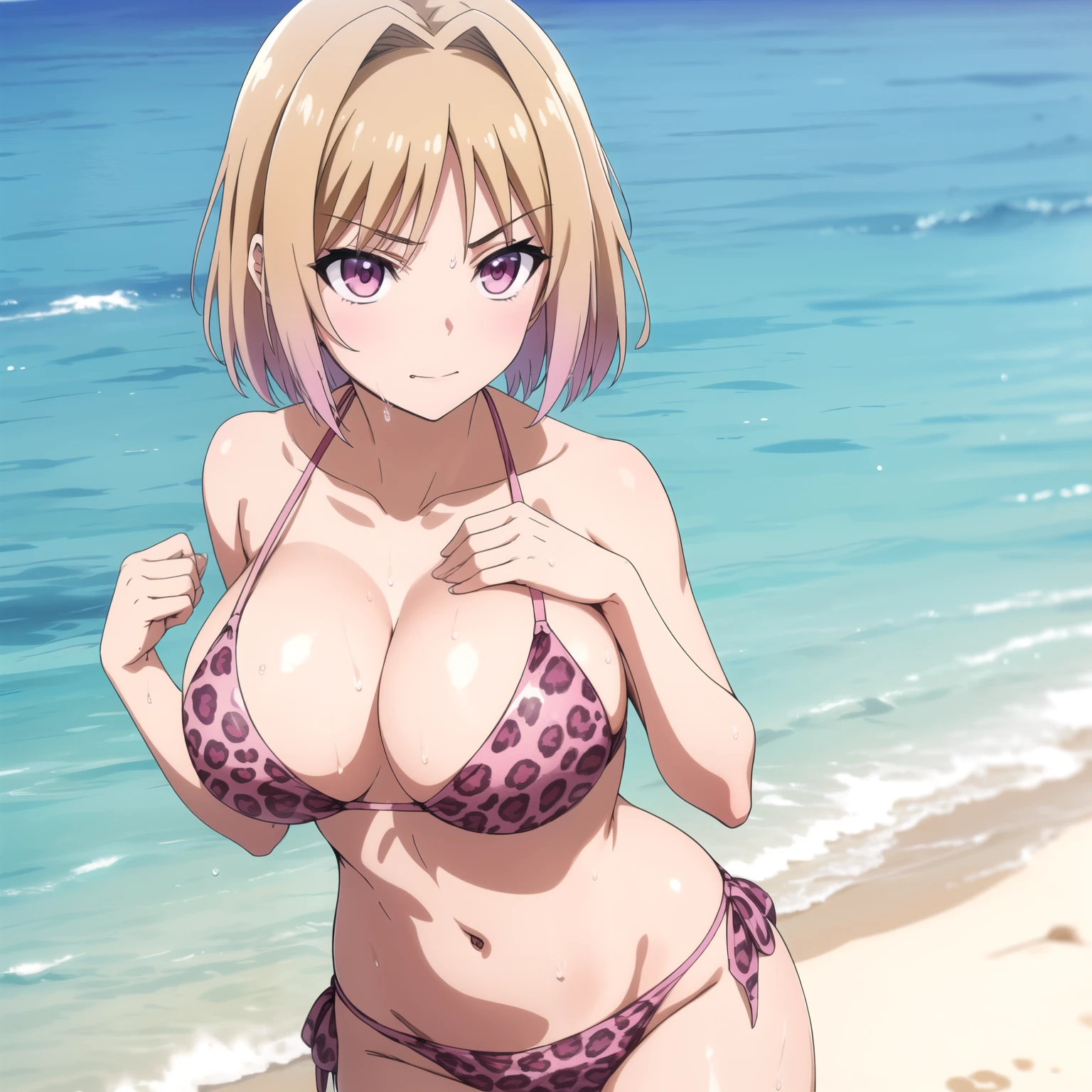 Kikyou Kushida. Woman 25 years old. short brown blonde hair. pink eyes, smug look, big breasts, pink leopard print bikini, background a tropical beach, wet body, drops of water on his chest.