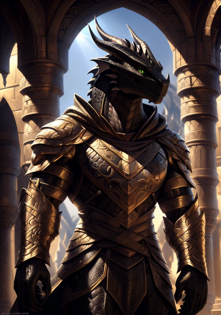 Realistic, detailed, beautiful, masterpiece, HDR, castle interior background, fantasy setting, king, ((gold armor, gold breast plate, chain mail, gold pauldrons, gold greaves, gold leg armor, wearing gold armor, black robes, black cloak, wearing black robes and cloak)) dragon, anthro, male, male body, black skin, (black scales:1.9), (two long thin horns:1.3), green eyes, detailed eyes, perfectly shaped body, confident majestic pose, finger black claws, masculine facial features, seductive gaze, neutral facial expression, black pointed ears, standing tall, out doors, daytime, close-up, portrait, face focus,
(detailed Bonifasko lighting), (detailed scales), (detailed skin), (male dragonborn), BREAK, ((long flowing tail)), ((facing viewer)), (cinematic lighting), ((detailed background)), ((portrait view)), (((close-up))), (good lighting), [backlighting], [crepuscular ray], [detailed ambient light], [gray natural lighting], [ambient light on the belly], (higher wildlife feral detail), [explict content], [sharp focus], (questionable content), (shaded), ((masterpiece)), furry dragonborn, reptilian face, furry Fantasy Art, furry Art, Commission for High Res, anthro Art, POV furry Art,Sakimichan beautiful, masterpiece, best quality, detailed image, bright colors, detailed face, perfect lighting, perfect shadows, perfect eyes, green eyes, flawless face, face focus, (masterpiece:1.21), (best quality:1.2), (illustration:1.2), (cinematic lighting:1.3), detailed scales, balanced coloring, global illumination, ray tracing, good lighting, scales, anthro, well lit 
