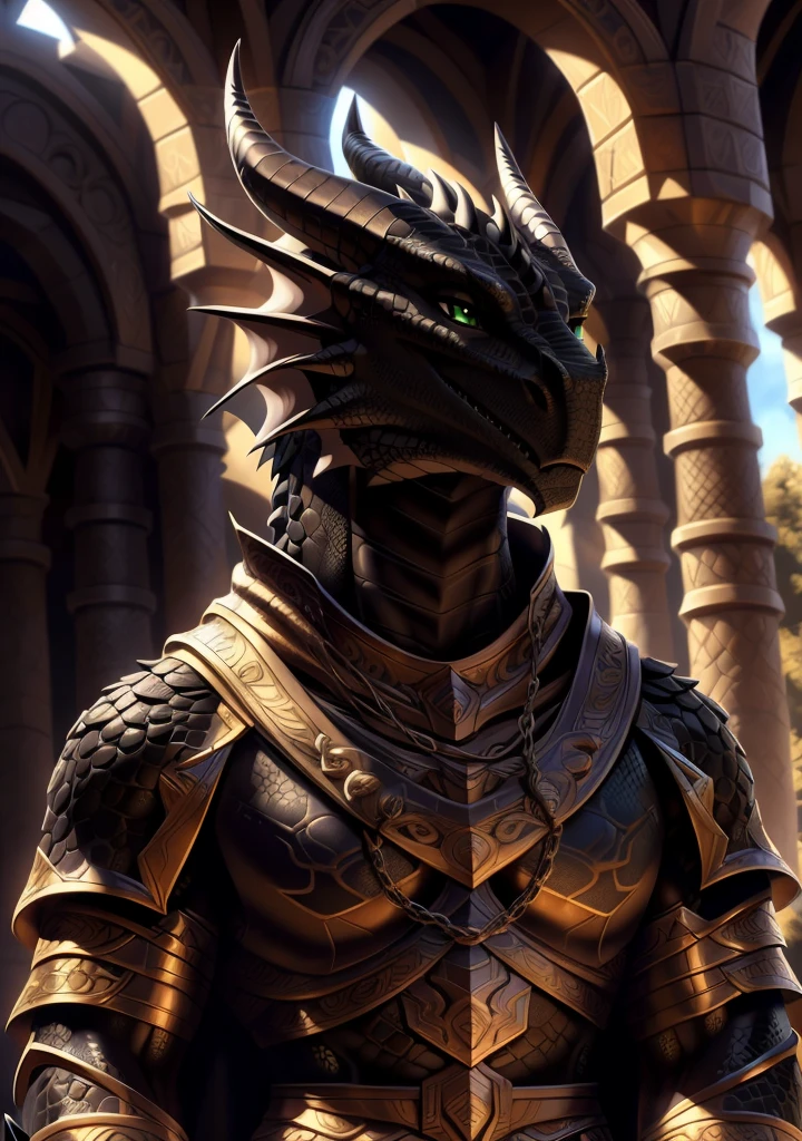 Realistic, detailed, beautiful, masterpiece, HDR, castle interior background, fantasy setting, king, ((gold armor, gold breast plate, chain mail, gold pauldrons, gold greaves, gold leg armor, wearing gold armor, black robes, black cloak, wearing black robes and cloak)) dragon, anthro, male, male body, black skin, (black scales:1.9), (two long thin horns:1.3), green eyes, detailed eyes, perfectly shaped body, confident majestic pose, finger black claws, masculine facial features, seductive gaze, neutral facial expression, black pointed ears, standing tall, out doors, daytime, close-up, portrait, face focus,
(detailed Bonifasko lighting), (detailed scales), (detailed skin), (male dragonborn), BREAK, ((long flowing tail)), ((facing viewer)), (cinematic lighting), ((detailed background)), ((portrait view)), (((close-up))), (good lighting), [backlighting], [crepuscular ray], [detailed ambient light], [gray natural lighting], [ambient light on the belly], (higher wildlife feral detail), [explict content], [sharp focus], (questionable content), (shaded), ((masterpiece)), furry dragonborn, reptilian face, furry Fantasy Art, furry Art, Commission for High Res, anthro Art, POV furry Art,Sakimichan beautiful, masterpiece, best quality, detailed image, bright colors, detailed face, perfect lighting, perfect shadows, perfect eyes, green eyes, flawless face, face focus, (masterpiece:1.21), (best quality:1.2), (illustration:1.2), (cinematic lighting:1.3), detailed scales, balanced coloring, global illumination, ray tracing, good lighting, scales, anthro, well lit 