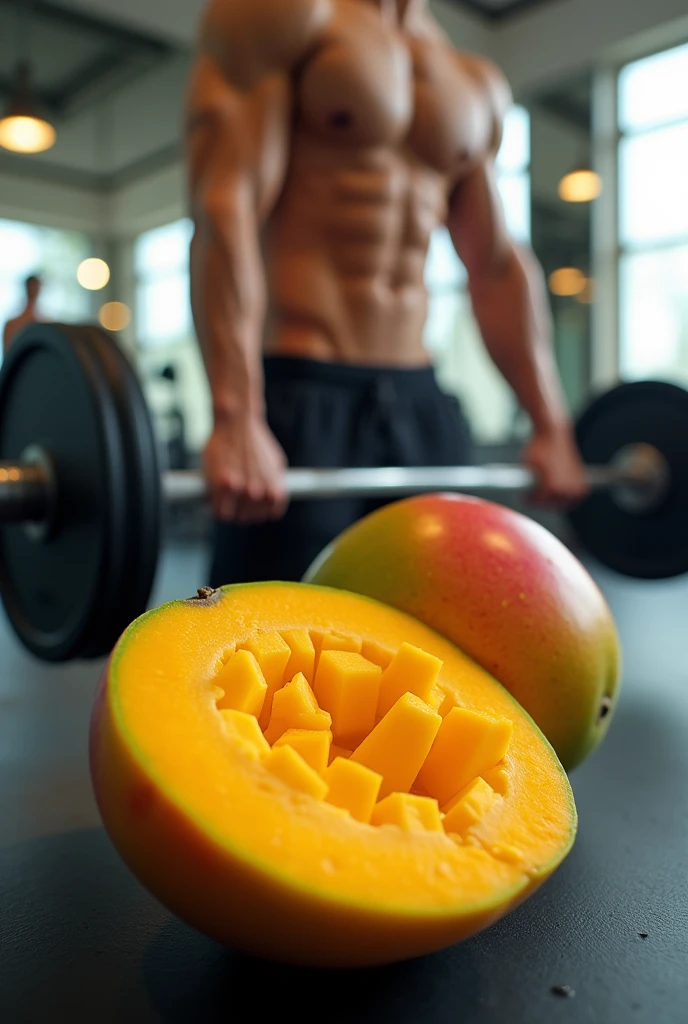 Mango fruit flesh with shades with abs weightlifting 