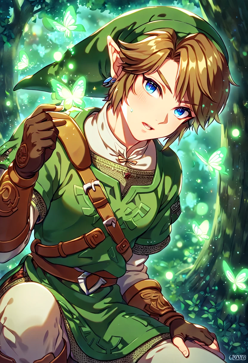 absurdres, highres, ultra detailed, HDR, master piece, best quality, extremely detailed, Link, brown hair, expressive blue eyes, The Legend Of Zelda Twilight Princess, solo, sexy man, sensual, handsome, green tunic, green hat, brown gauntlets, under a green tree, fantasy, magical, glittering fireflies, green butterflies, green flames, glass magic, green leaves