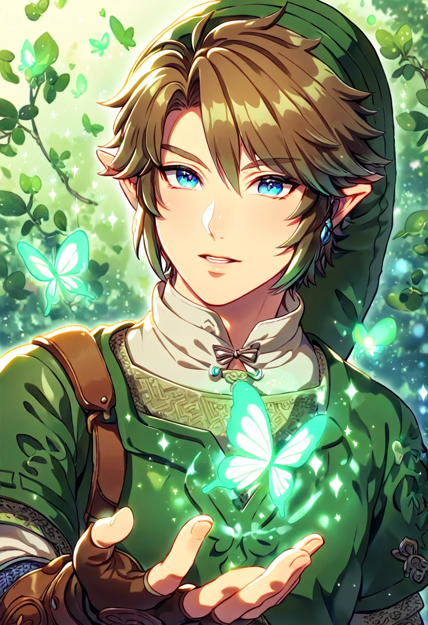 absurdres, highres, ultra detailed, HDR, master piece, best quality, extremely detailed, Link, brown hair, expressive blue eyes, The Legend Of Zelda Twilight Princess, solo, sexy man, sensual, handsome, green tunic, green hat, brown gauntlets, under a green tree, fantasy, magical, glittering fireflies, green butterflies, green flames, glass magic, green leaves