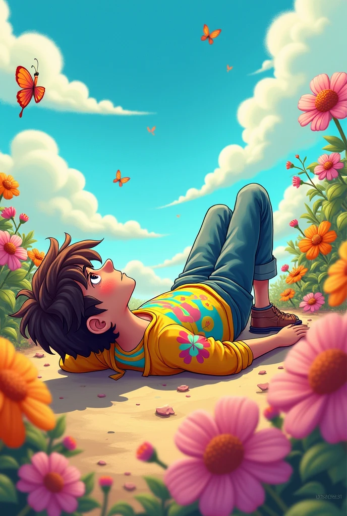 A diagonal, full-length overhead view of a male character lying on the ground in a cartoon style