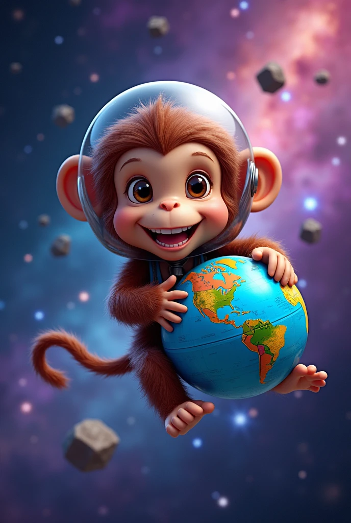 monkey holding planet earth in hand in space