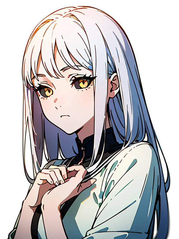 ((((masterpiece, Best Quality, Ultra-high resolution、Best illustrations))))、((Portrait of a person standing against a white background))、(((black sclera and white eyes))), (Very delicate and cute face、Sparkling Eyes、Perfect hands)、A beautiful girl in underwear is standing、white long hair,
